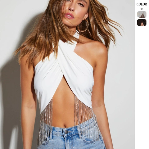 Débardeur Croisé Dos Nu Avec Franges En Strass Et Chaîne Métallique Sexy Gilet Court Sans Manches Pour Club Party