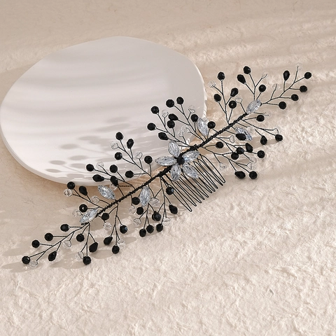 Handmade Black Rhinestone Bridal Hair Comb Crystal Artificial Pearl Branch Hairclip Vintage Gothic Wedding Party Headwear For Women