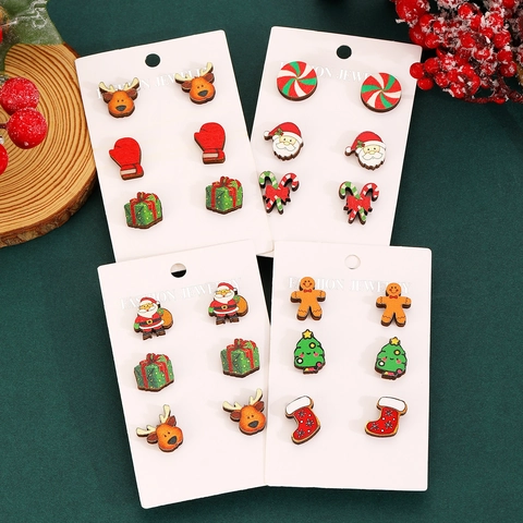 Wooden Christmas Stud Earrings Santa Claus Reindeer Tree Candy Cane Gingerbread Man Festive Jewelry For Women Holiday Gift