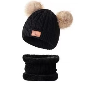 Bonnet Et Écharpe En Tricot D'Hiver Pour Enfants Acrylique Torsadée Double Pompon Beanie Doublé Polaire Tour De Cou Garçons Filles