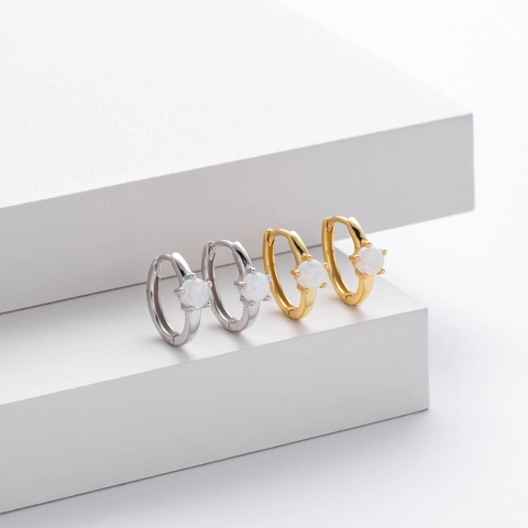 Orecchini a Cerchio Huggie in Argento Sterling 925 con Opale Artificiale per Donna Gioielli Geometrici Minimalisti Placcati Oro Platino