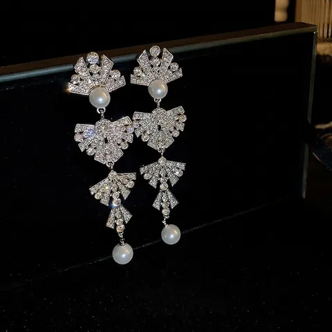 Lange Hängeohrringe Mit Silver Earring Post Legierung Straß Bogen Mehrlagiger Fächer Künstliche Perle Eleganter Schmuck Für Damen