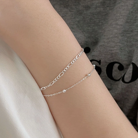 Minimalist 925 Sterling Silver Layered Bracelet Figaro Chain With Round Beads Adjustable Fashion Jewelry For Women
