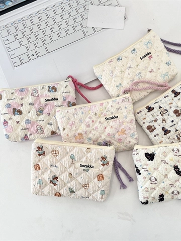 Borsa Trucco In Cotone Trapuntato Piccola Pochette Cosmetica Portatile Organizer Con Cerniera E Tirante Intrecciato