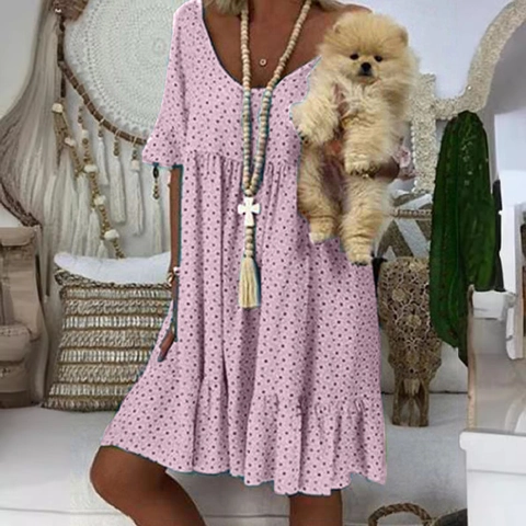 Women Polka Dot Printed Midi Dress V Neck Short Ruffle Sleeve Bohemian Casual Summer Polyester Loose Swing Elegant