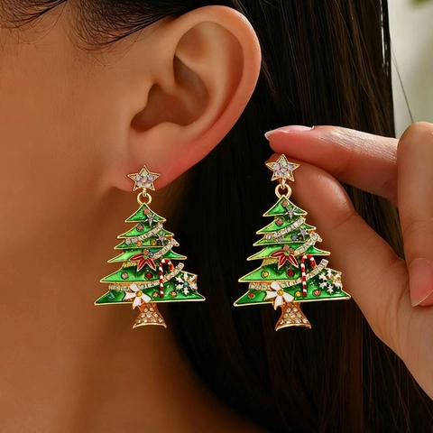 Christmas Tree Stud Earrings For Women Zinc Alloy Rhinestone Drip Oil Enamel Star Bow Festive Holiday Party Jewelry