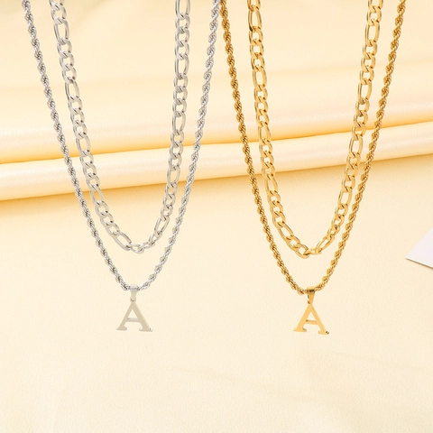 Double Layered Necklace Stainless Steel Letter A Pendant Figaro Twist Chain Minimalist Fashion Jewelry Unisex