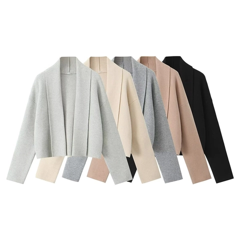 Damen Strickjacke Cardigan Wolle Offen Revers Kurz Locker Lässig Langarm Einfarbig Strickware