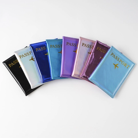 Holographic Laser PU Leather Passport Holder Shiny Waterproof Travel Case For Women Men Modern Airplane Icon Protector