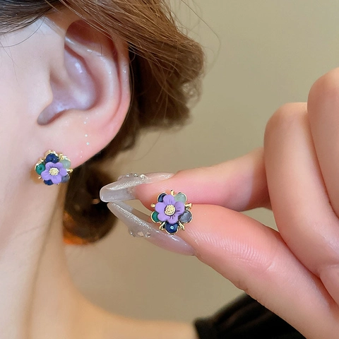 Orecchini A Lobo Con Fiori Dolci Lega Cristallo Artificiale Colorato Con Perno In Argento Gioielli Eleganti Versatili Donna