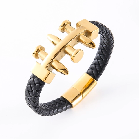 Bracciale Da Uomo In Pelle Intrecciata Con Chiodo In Acciaio Inossidabile 304 Punk Industriale Chiusura Magnetica