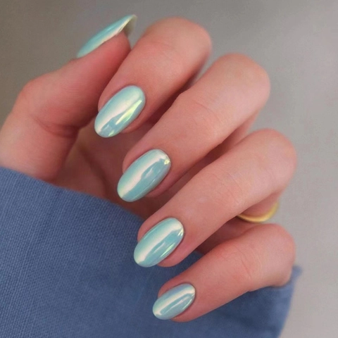 Uñas Postizas Aurora Con Brillo De Perla Artificial Iridiscente Azul Claro Verde Cortas Ovaladas Para Manicura De Mujer