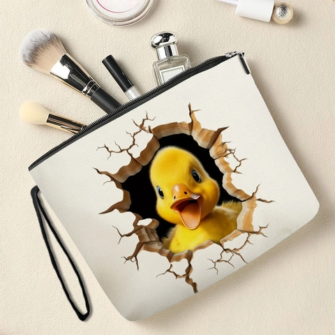 Borsa Trucco Con Stampa Papera Gialla Tridimensionale Lino Fine Pochette Da Viaggio Portatile Con Cerniera E Cinturino Polso