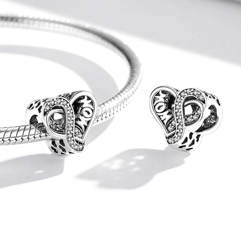 925 Sterling Silver Mom Heart Infinity Charm Bead With White Zirconia For DIY Bracelet Mother Day Women Fashion Jewelry