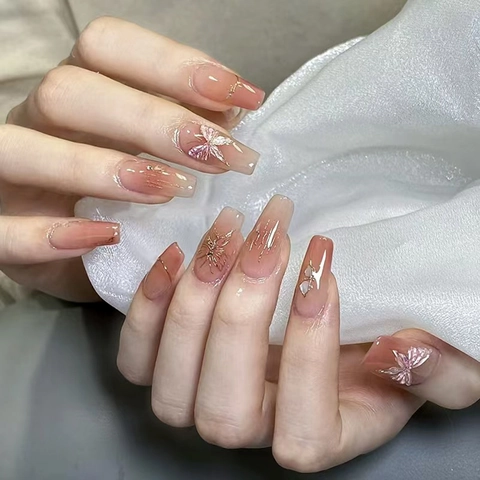 Künstliche Nägel Lange Sargform Ombre Rouge Braun Goldfolie Schmetterlingsmuster Abnehmbare Fingernägel Für Frauen