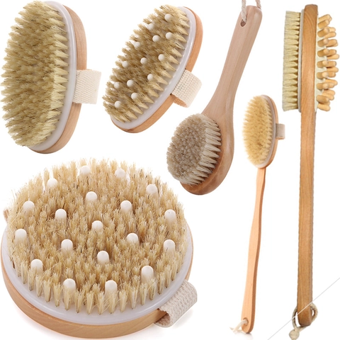 Brosse De Bain En Bois Pour Le Corps Poils Naturels Exfoliant Pour Brossage À Sec Massage Bambou Outils De Douche Avec Corde Suspendue