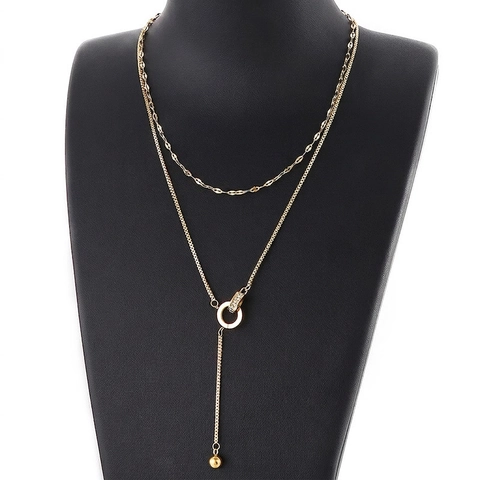 Collar De Capas Acero Inoxidable Círculos Entrelazados Estrás Cadena De Clavícula Colgante De Bola Con Borla Estilo Coreano Para Mujer