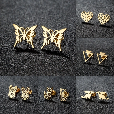 Stainless Steel Hollow Out Animal Earrings Geometric Origami Butterfly Dragon Dog Cat Fashion Studs For Women Jewelry