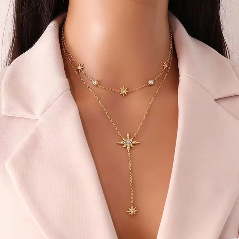 North Star Pendant Necklace Gold Plated Stainless Steel Zircon Y-Shape Layered Chain Elegant Fashion Jewelry For Women