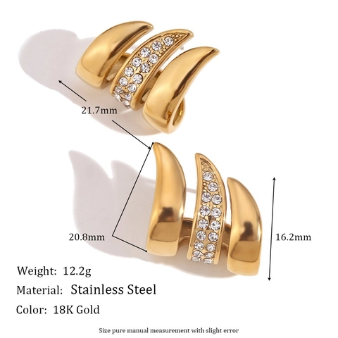 Pendientes De Botón Con Strass De Tres Filas Curvas Acero Inoxidable Chapado En Oro De 18K Diseño Envuelto Para Mujer