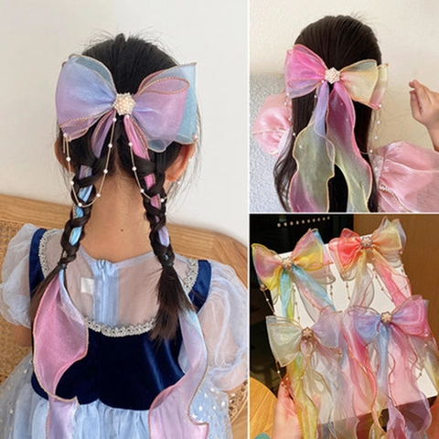 Molletta Per Capelli Con Fiocco Grande In Organza Sfumata Per Ragazze Con Lunghi Nastri Künstliche Perle Strass Accessori Da Fata