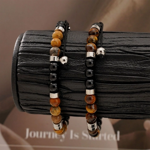 Men Beaded Bracelet Natural Tiger Eye Map Jasper Stone Adjustable Braided Rope Stainless Steel Minimalist Jewelry Gift
