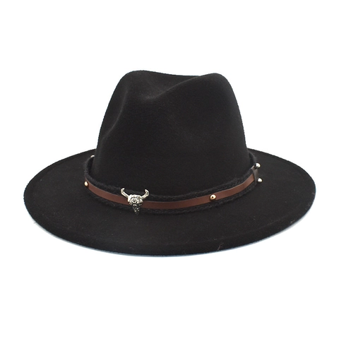 Vintage Western Fedora Hat Wide Brim Wool Felt Cowboy Hat With Bull Skull Metal Decor Leather Band Rivets For Men Women