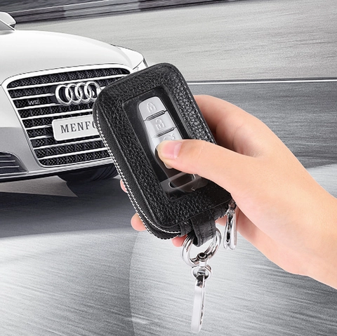Genuine Leather Key Wallet Double Layer Litchi Pattern Cowhide Zipper Case Large Capacity Car Key Holder For Men Women