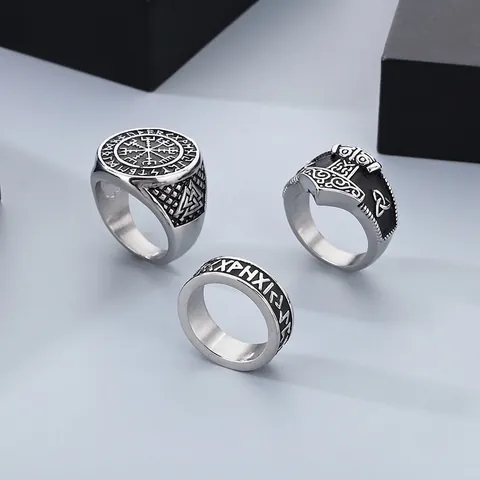 Viking Ring Men Stainless Steel Retro Thor Hammer Mjolnir Compass Vegvisir Runes Nordic Mythology Punk Biker Jewelry