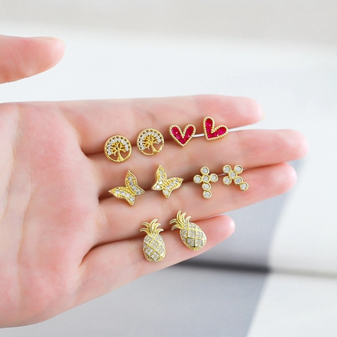 Minimalist Zircon Stud Earrings Gold Plated Copper Heart Pineapple Butterfly Cross Tree Of Life Jewelry For Women