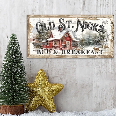 Christmas Wooden Hanging Sign Plaque Vintage Red Cabin Snow Scene Old St Nicks Bed And Breakfast Holiday Home Door Wall Decor