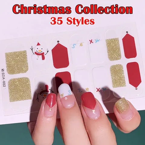 Weihnachten Full Cover Nagelaufkleber Selbstklebende Harz Folien Feiertagsdesigns Weihnachtsmann Rentier Schneeflocken Glitzer Damen