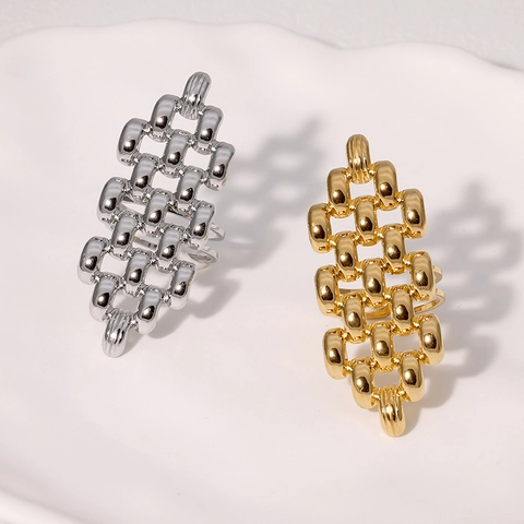 Anillo Abierto Ajustable Acero Inoxidable Chapado En Oro 18K Hueco Geométrico Cadena Tejida Banda Ancha Joyería Para Mujeres