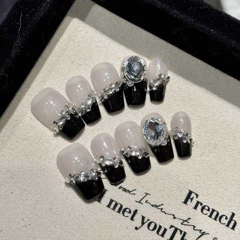 Unghie Finte French Nere Con Strass Bara Lunga Fatte A Mano Lusso Cristallo Unghie Artificiali Per Donne Uso Quotidiano Festa
