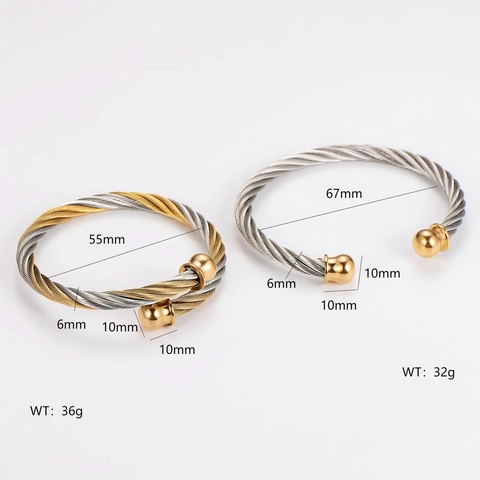 Stainless Steel Twisted Cable Cuff Bracelet For Men Spiral Wire Bangle With Round Sphere Ends Fashion Jewelry
