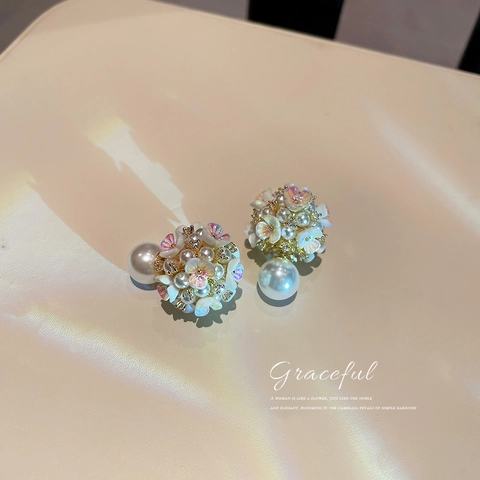 Elegant Camellia Flower Cluster Earrings With Large Artificial Pearl And 925 Sterling Silver Earring Post Vintage French Jewelry