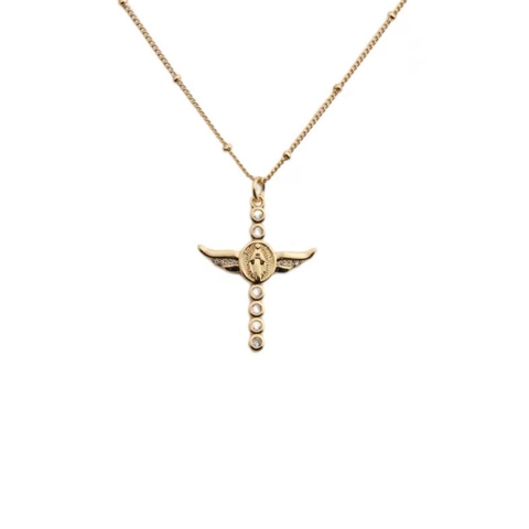 Religieuze Kruis Hanger Ketting Goud Verguld Koper Box Ketting Met Zirkoon Engel Vleugels Maagd Maria Sieraden