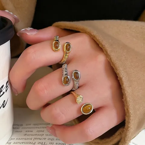 Retro Tiger's Eye Open Ring Oval Gemstone Adjustable Gold Silver Plated Twisted Band Minimalist Jewelry For Women