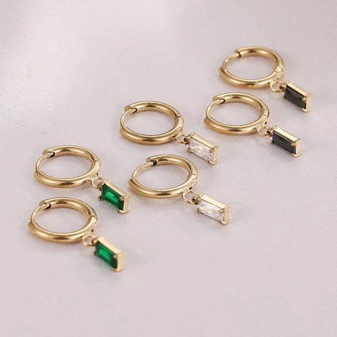 Minimalist Titanium Steel Hoop Earrings With Rectangular Zircon Charm Geometric Dangle Ear Jewelry For Women