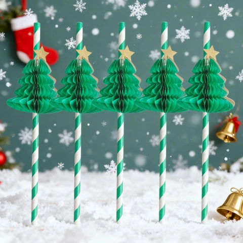 Christmas Tree Paper Straws Green White Striped Honeycomb Tree Gold Star Disposable Party Drinkware Eco Friendly