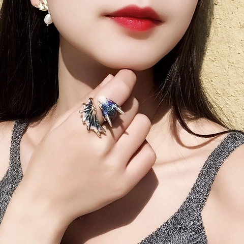 Verstelbare Schattige Vliegende Draak Open Ring Voor Dames Koper Verguld Glitter Emaille Vleugels Fantasy Vingerring Sieraden Cadeau