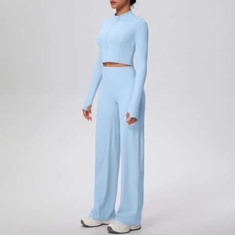 Women Yoga Long Sleeve Zip Up Jacket With Thumb Holes And High Waist Wide Leg Pants Fast Dry Solid Sportswear