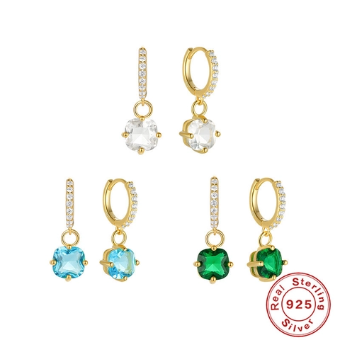 Boucles Oreilles Créoles Pendantes En Zircon Coupe Coussin Carré Avec Tige En Argent Sterling 925 Pour Femmes