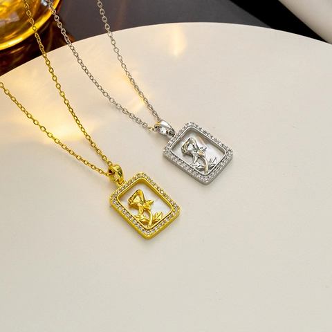 Stainless Steel Rose Flower Shell Inlaid Pendant Necklace For Women Elegant Rhinestone Hollow Rectangular Link Chain Jewelry