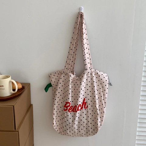 Polkadot Print Tote Bag Grote Capaciteit Polyester Beach Letter Schoudertas Casual Shopper Voor Dames