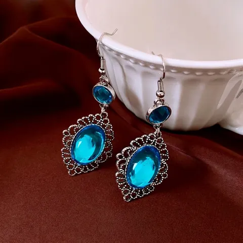 Vintage Bohemian Blue Resin Oval Hook Earrings Silver Color Alloy Filigree Hollow Palace Style Women Jewelry
