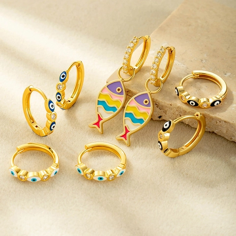 Böhmische Evil Eye Creolen Bunter Fisch Anhänger Vergoldetes Kupfer Emaille Zirkon Ethnischer Schmuck Für Damen