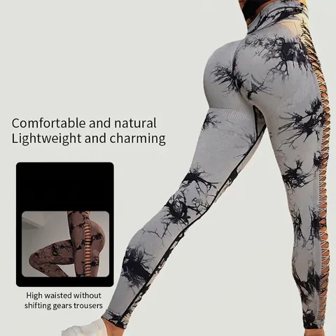 Pantalones De Yoga Cintura Alta Tie Dye Sin Costuras Leggings Push Up Detalle Hueco Cordones Fitness Entrenamiento Mujer