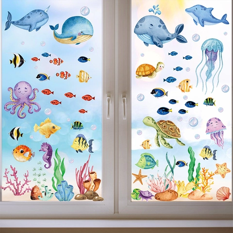 Ocean World Window Clings Sea Animals Static PVC Double Sided Waterproof Wall Stickers Kids Room Nursery Watercolor