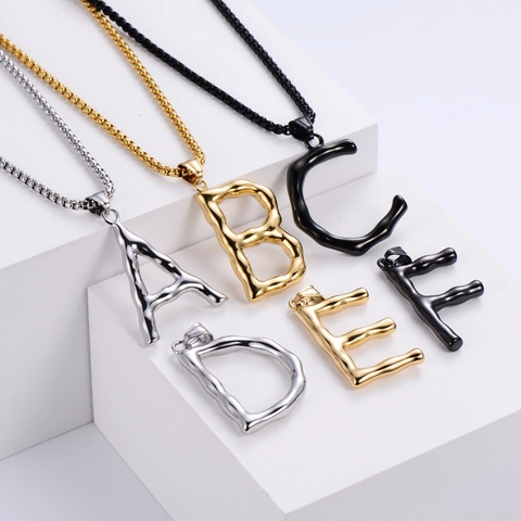 Collar Con Colgante De Letra Inicial Acero Inoxidable 304 Textura De Lava Patrón De Bambú Punk Hip Hop Joyería Unisex